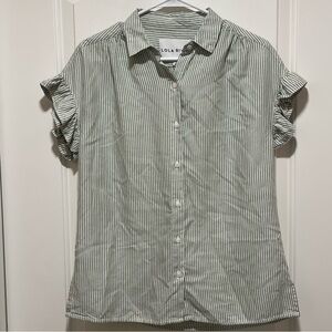 Lola River Womens XS Green White Striped Button Down Shirt Ruffle Sleeve Y2K